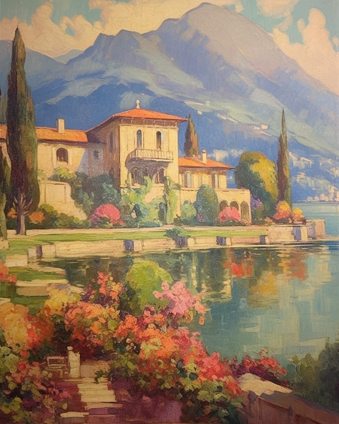 Italian Lakeside Villa with Mountains and Gardens Classic Art Poster