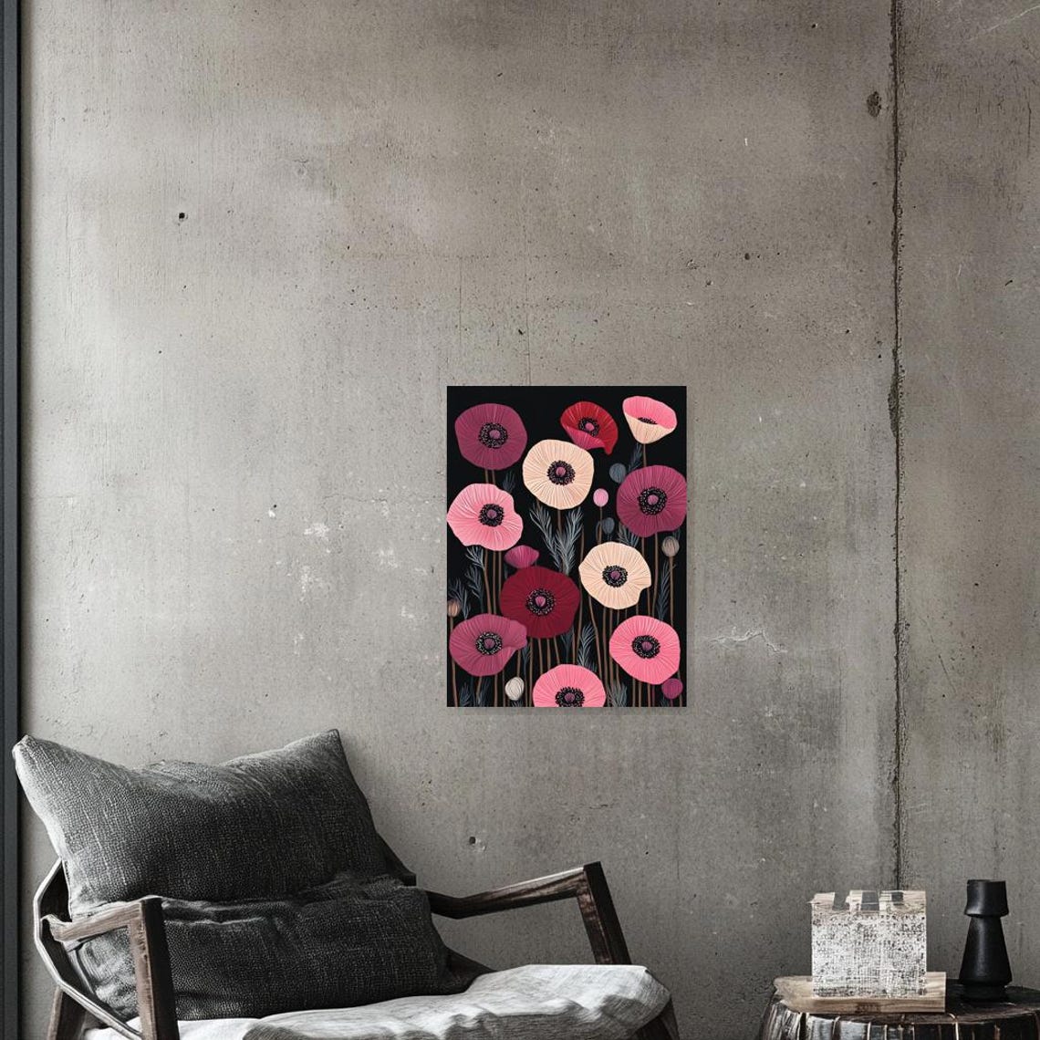 Pink and Red Poppies Blooming on a Dramatic Black Background Poster - Image 2