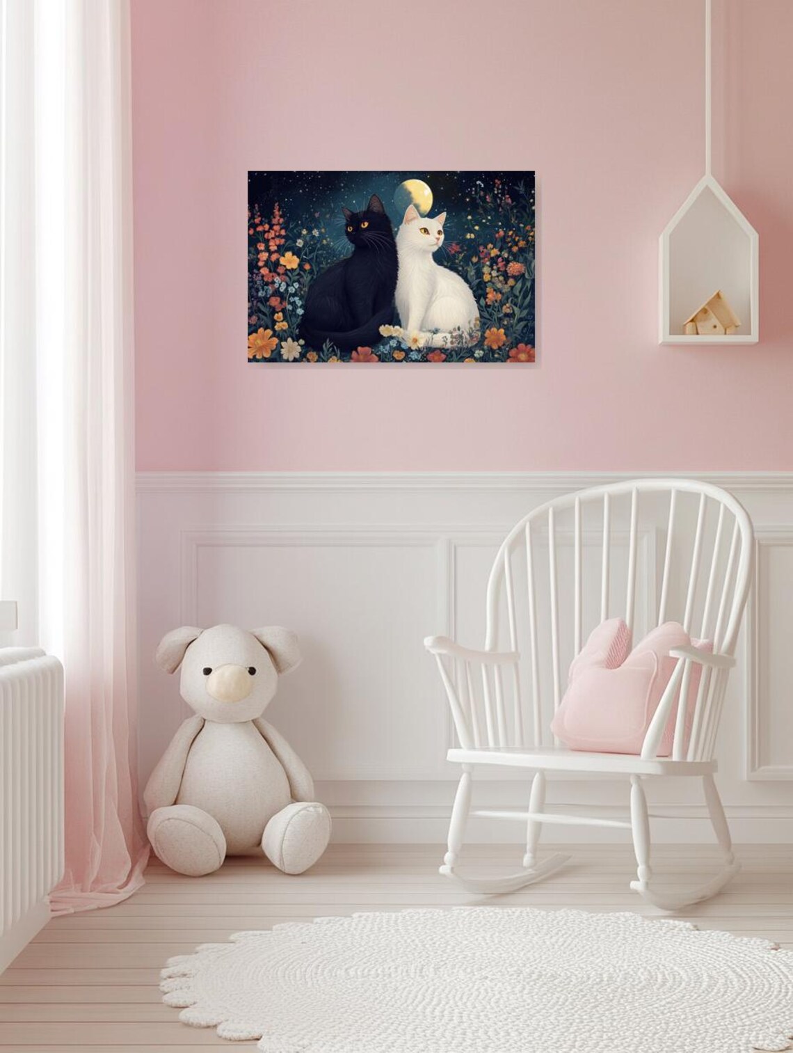 Dreamy Black and White Cats Moonlit Flower Garden Art Poster - Image 2