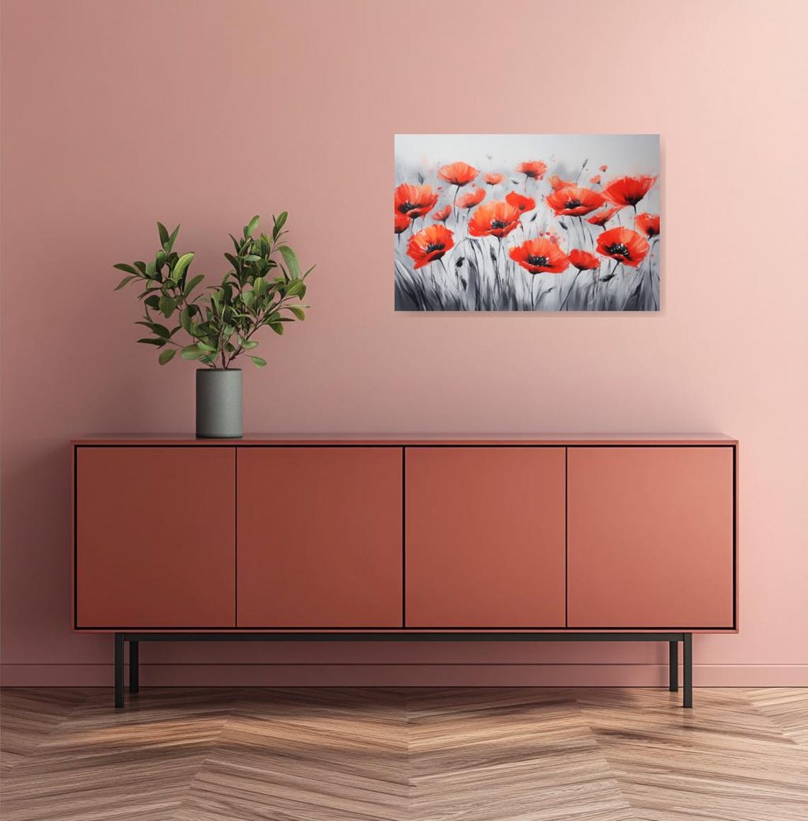 Vivid Red Poppies Monochrome Gray Field Modern Floral Poster - Image 2