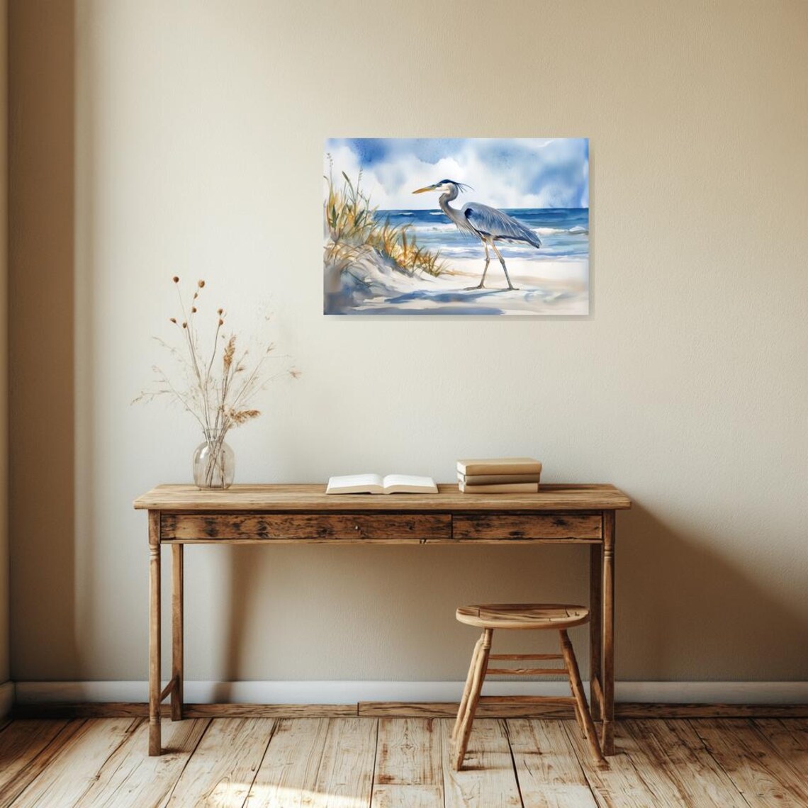Great Blue Heron Watercolor Beach Shorebird Wildlife Scene Poster - Image 2