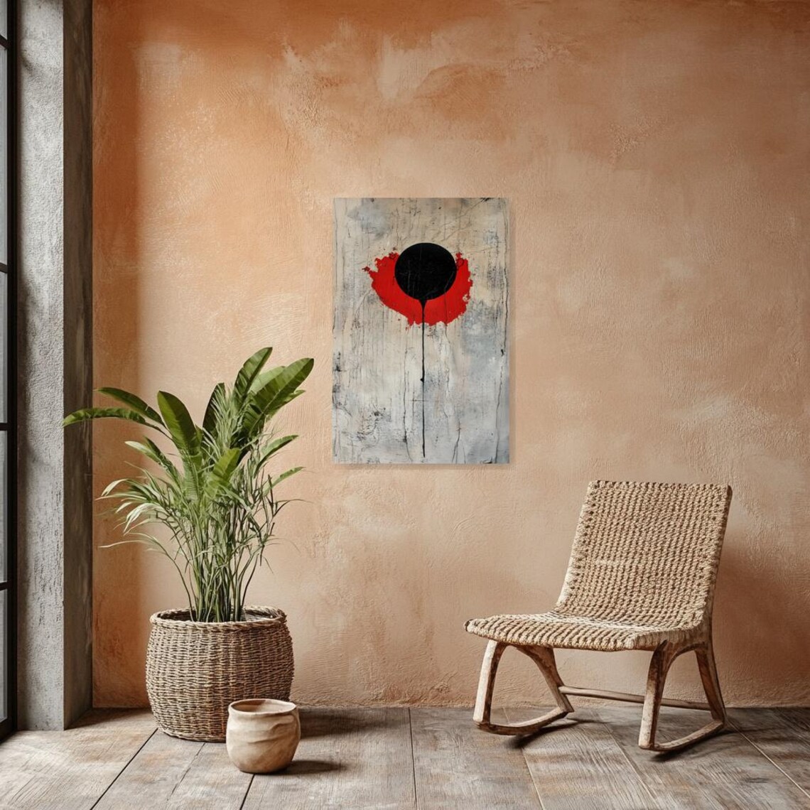 Bold Abstract Black Red Circle, Modern Expressionism - Image 2