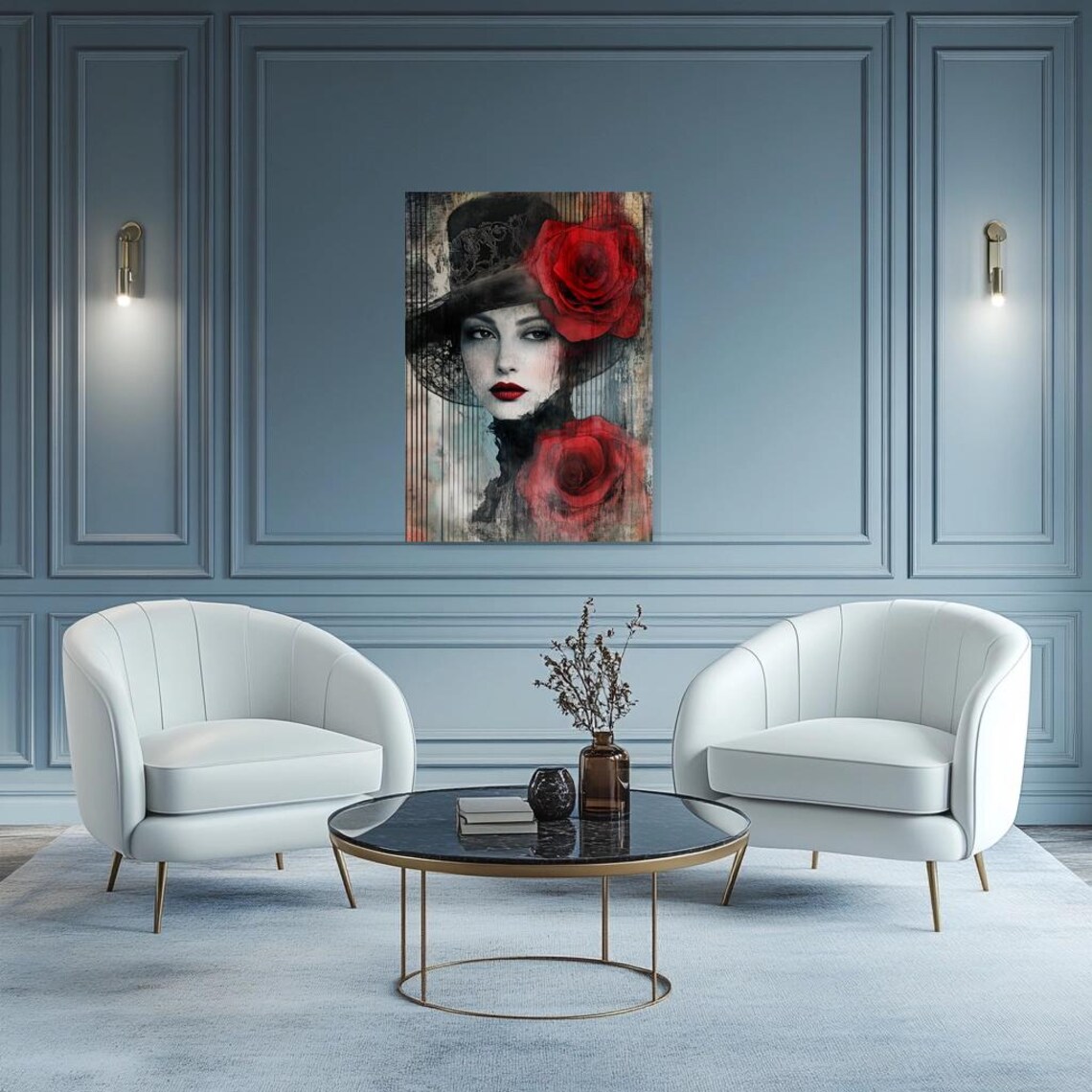 Woman in a Wide Black Hat with Bold Red Roses Art Nouveau Poster - Image 3