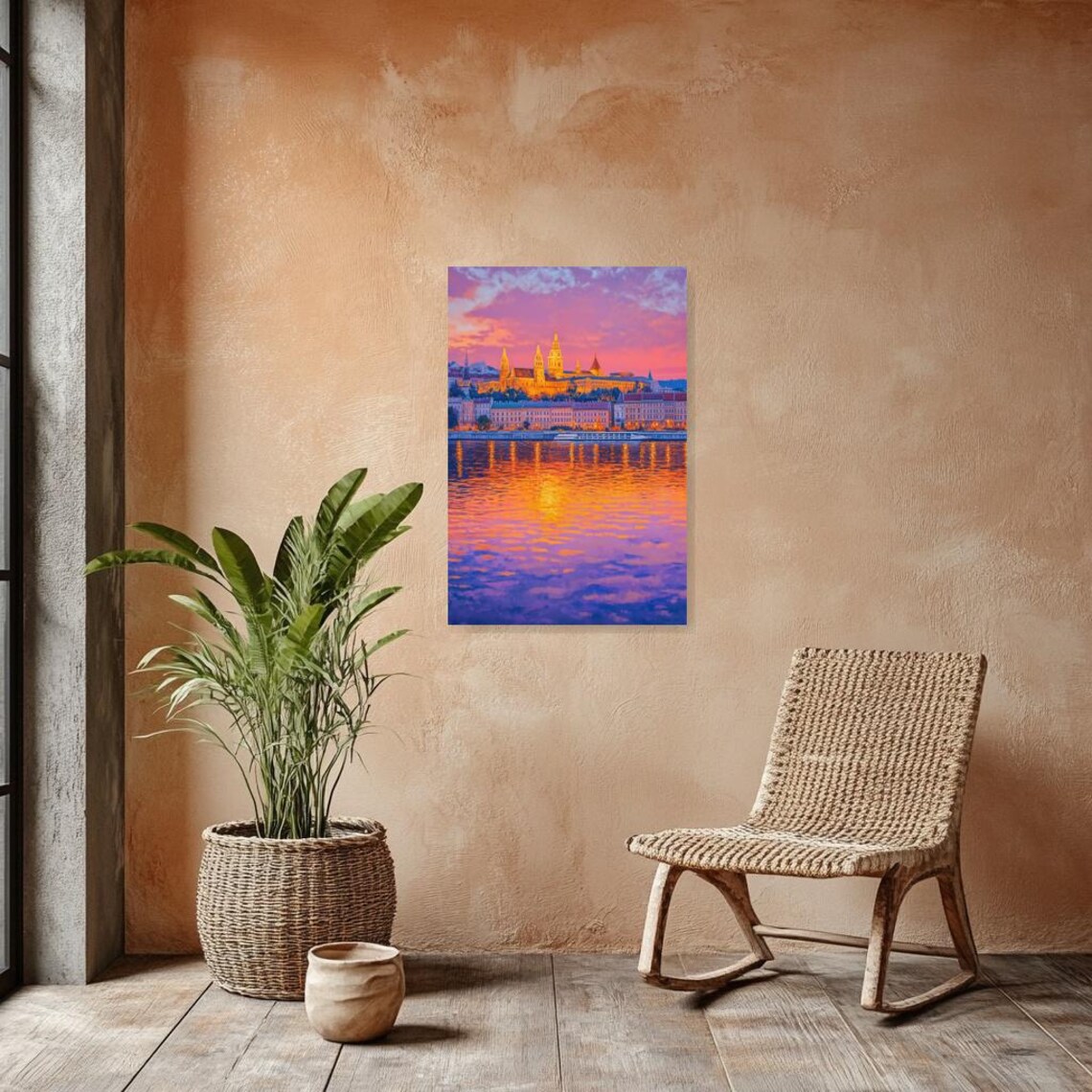 Glowing Golden Sunset Castle Riverside European Cityscape Poster - Image 2