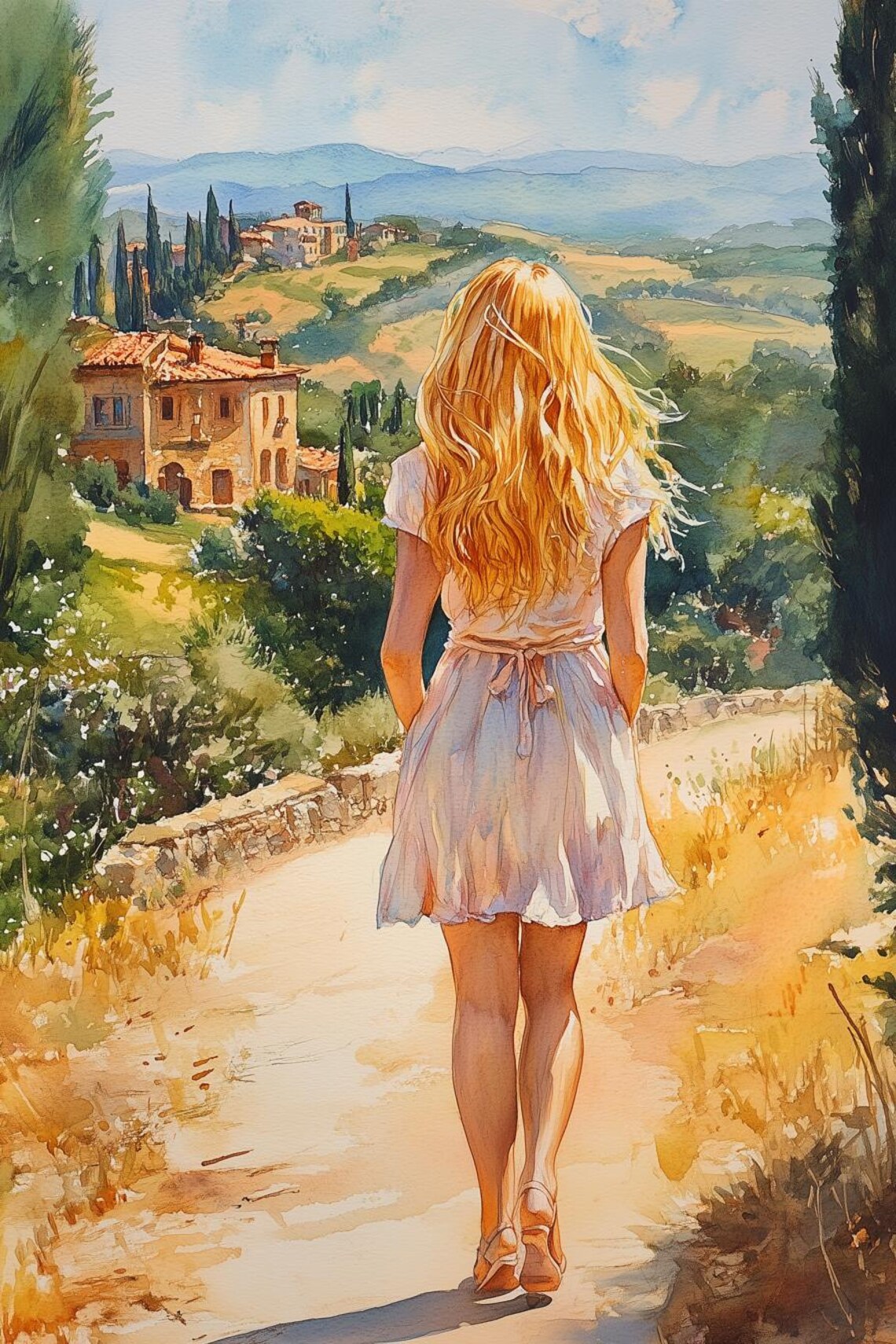 Woman Walking Toward a Tuscan Hill Town Watercolor Scene Poster
