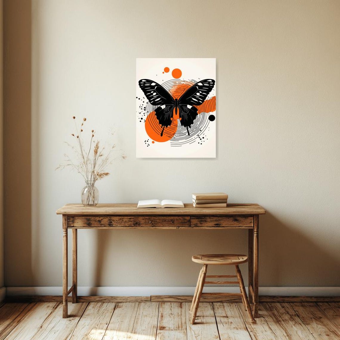 Elegant Black Butterfly Print With Bold Orange Accents For Modern Wall Art And Home Decor - Image 2