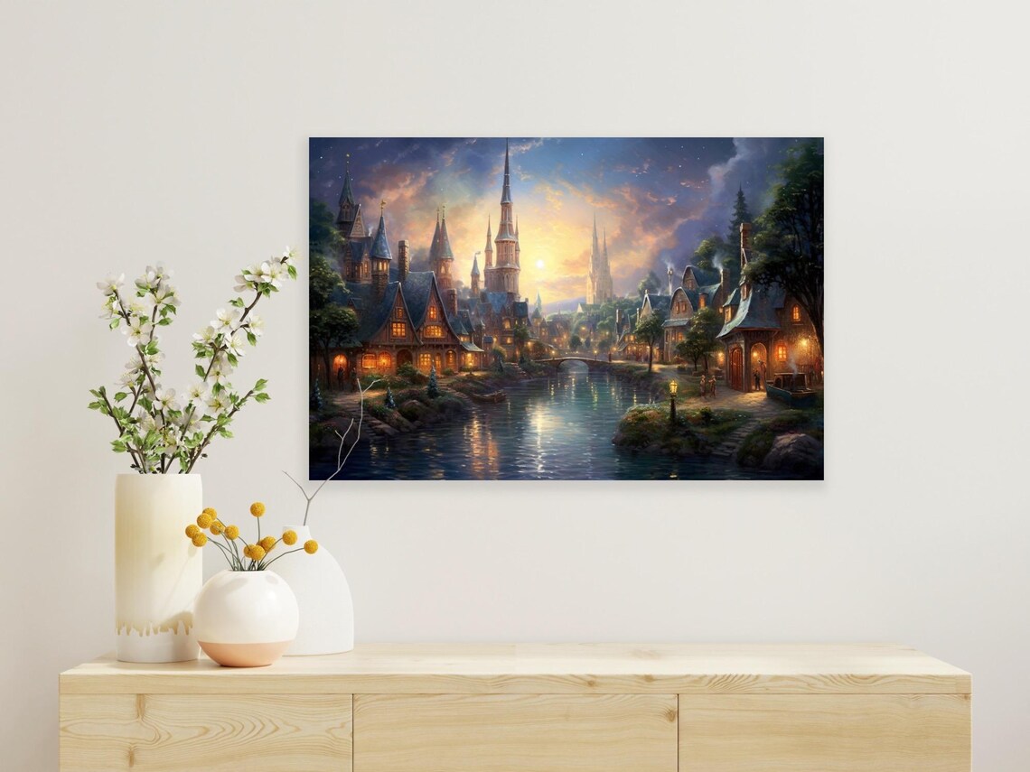 Thomas Kinkade-Inspired Village River Castle Art Print - Image 2