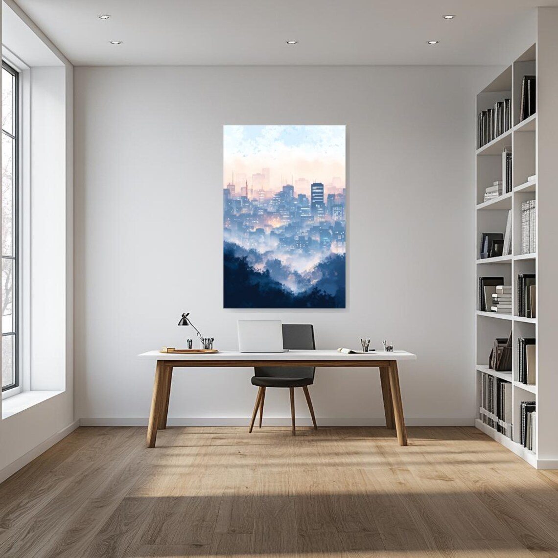 Soft Blue Foggy City Skyline Dawn Urban Hopper Style Art Poster - Image 3
