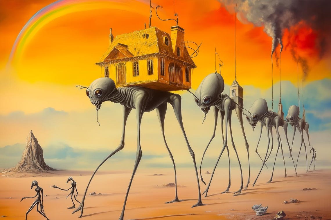 Surreal Stilt Creatures Carrying a Golden House at Sunset Poster