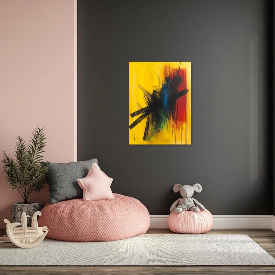 Bold Abstract Expressionist Brushstroke Painting on Yellow Poster - Image 2
