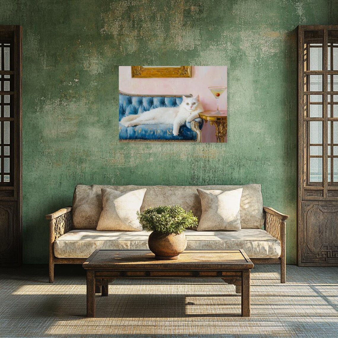 Elegant White Cat Lounging on a Blue Velvet Chaise with Martini Poster - Image 3