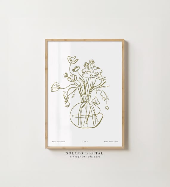 Botanical Line Art Print Modern Vase Flower Sketch Minimalist Wall Poster Boho Home Decor Instant