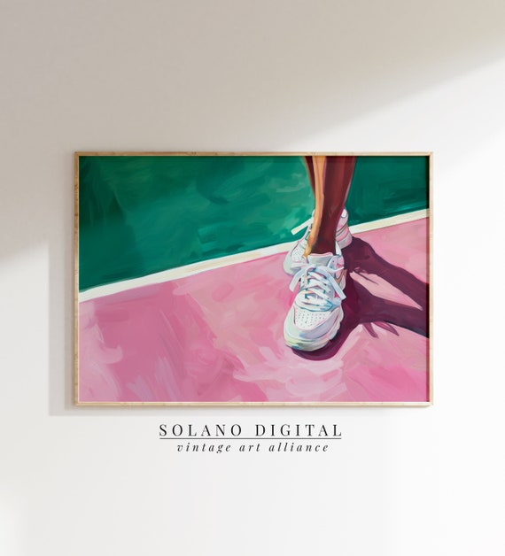 Retro Tennis Girl Maximalist Wall Art Preppy Room Decor Girly Pink Apartment Painting Shoes