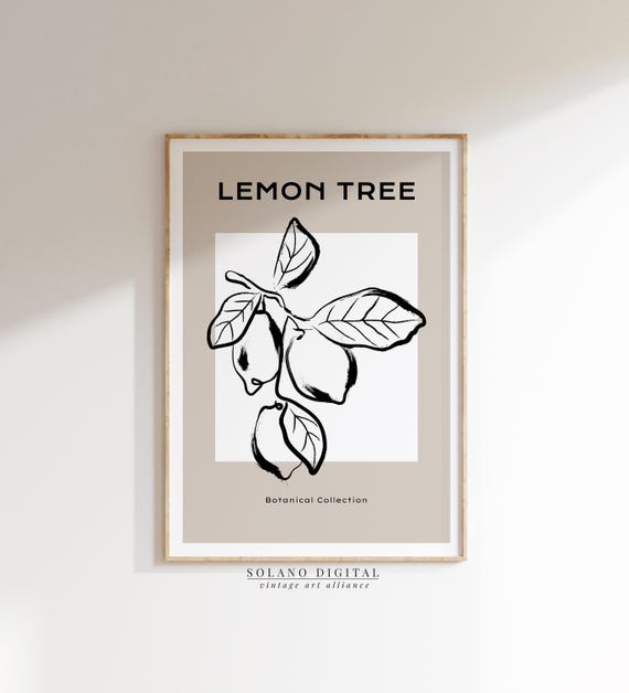 Lemon Tree Art Botanical Kitchen Wall Decor Minimalist Fruit Line Drawing Black White Poster