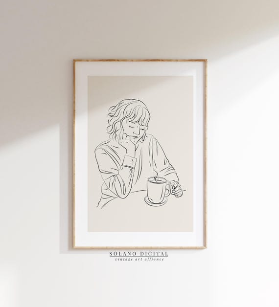 Coffee Moment Line Art Minimalist Woman With Cup Wall Cozy Cafe Poster Neutral Print