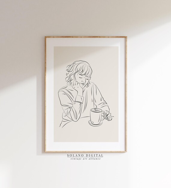 Coffee Moment Woman With Warm Cup Minimalist Line Art Poster