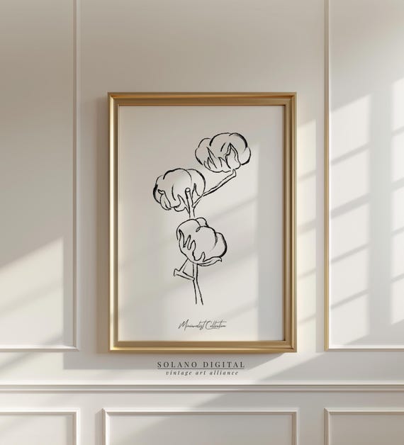 Minimalist Cotton Plant Line Art Print Neutral Botanical Wall Modern For Boho Or Scandinavian Decor