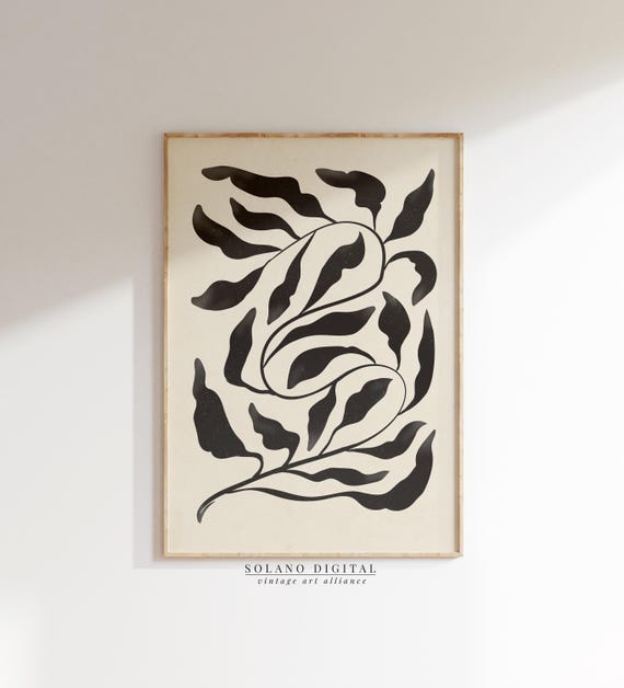 Black Botanical Charcoal Leaf Wall Art Modern Abstract Decor Boho