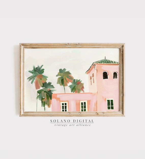 Pink Villa Palm Trees Coastal Painting Vintage Mediterranean Wall Art