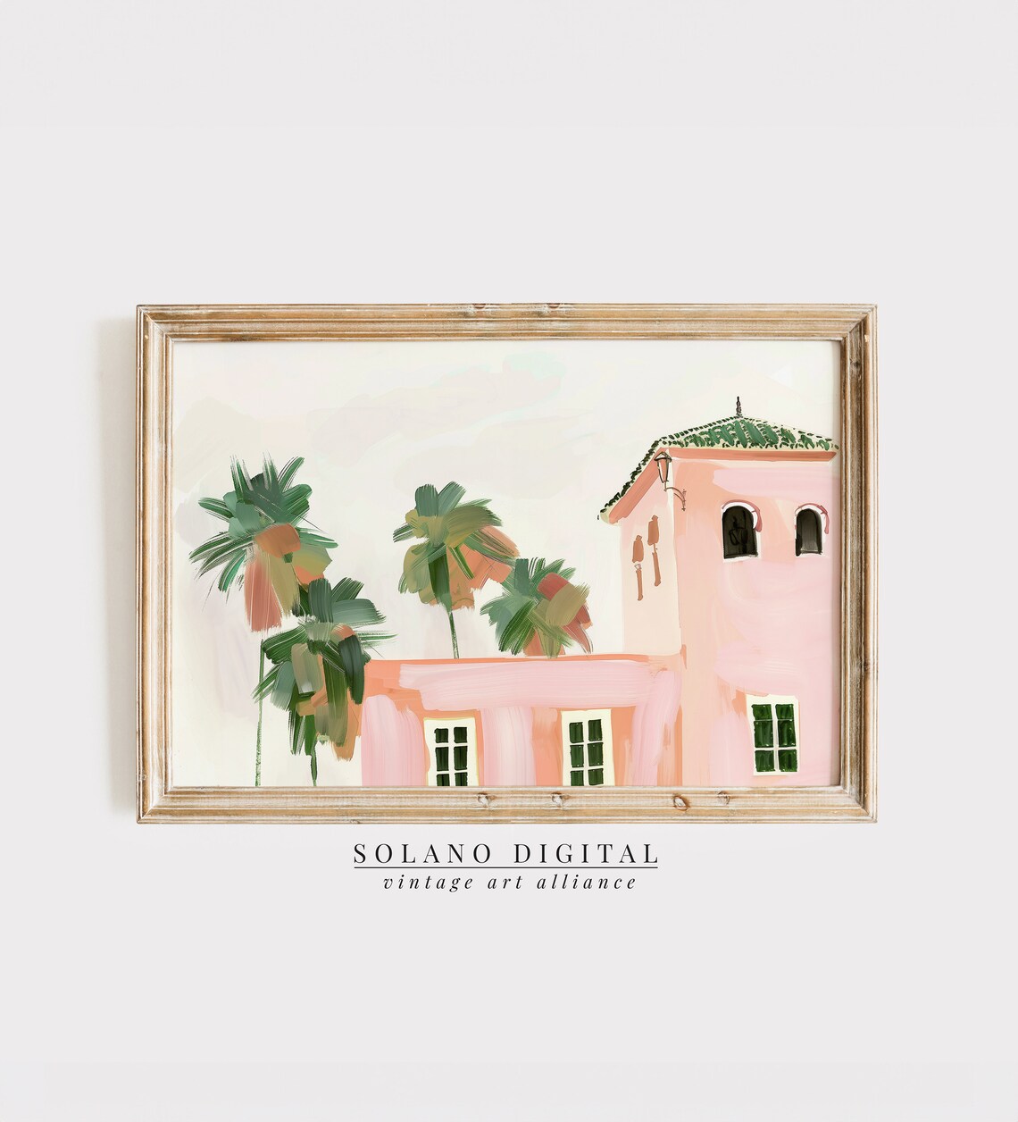 Pink Villa Palm Trees Coastal Painting Vintage Mediterranean Wall Art