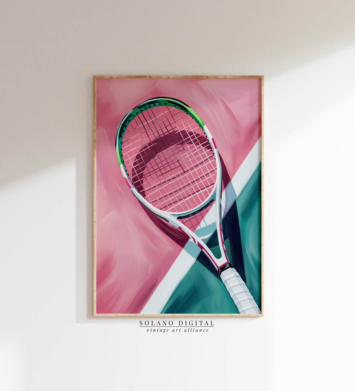 Tennis Racket Close-Up Painting Poster on a Pink and Green Court