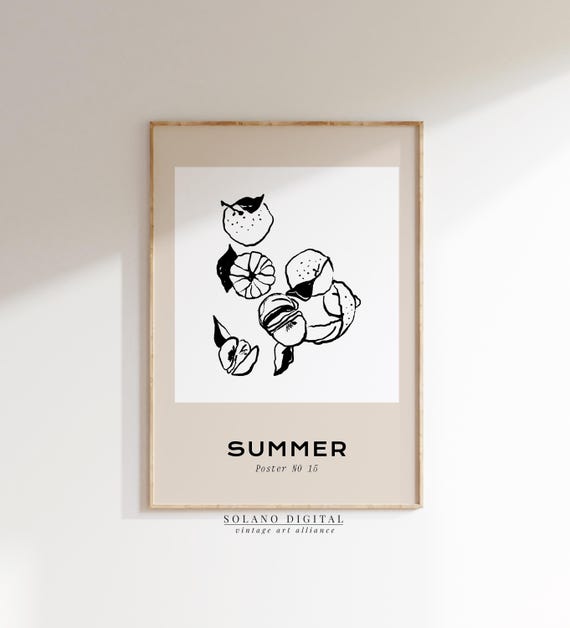 Summer Citrus Art Minimalist Fruit Wall Orange Line Drawing Print Black And White Kitchen Poster Modern