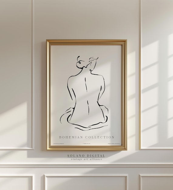 Bohemian Line Art Woman Back Minimalist Black Ink Drawing Poster