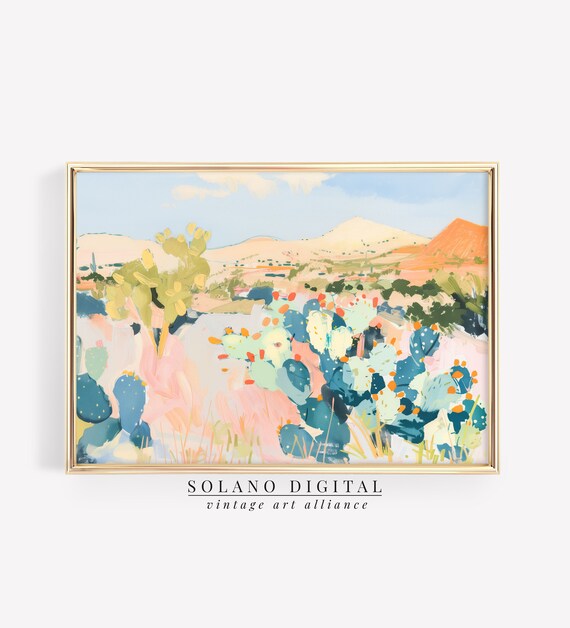 Pastel Desert Cactus Landscape Colorful Wild West Mountain View Poster