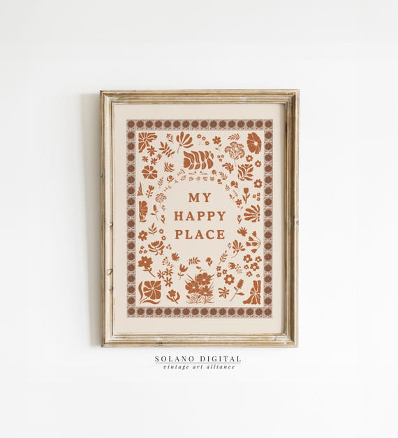 My Happy Place Wall Art Cozy Home Decor Typography Trendy For Minimalist Living Room Cottage Kitchen Terracotta Botanical
