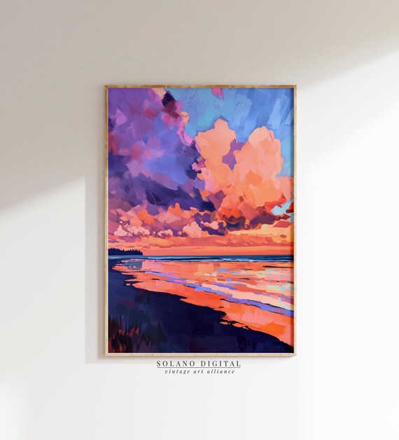 Abstract Coastal Sunset Oil Painting Purple Orange Beach Wall Art