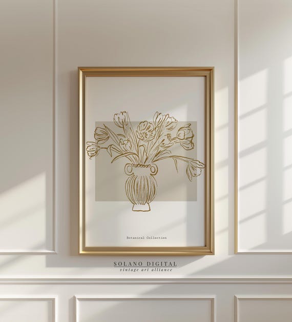 Vintage Botanical Flower Line Art Print Neutral Wall Decor Minimal Floral Poster Artwork