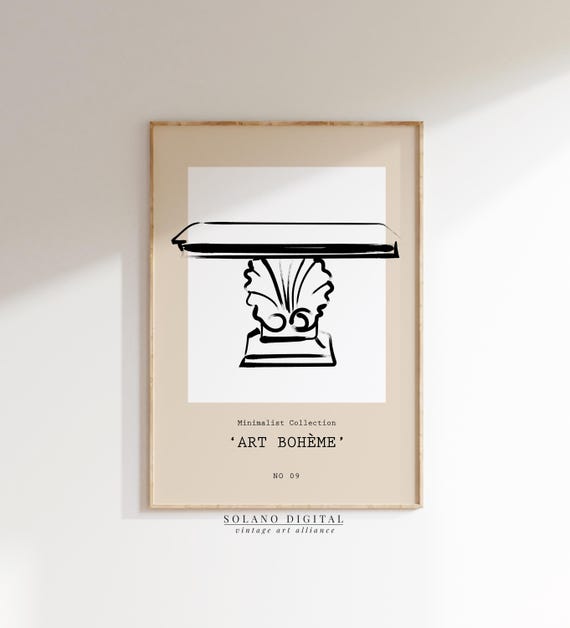 Minimalist Console Table Line Art Print Architectural Sketch Poster Beige Boho Wall Decor Pedestal Drawing