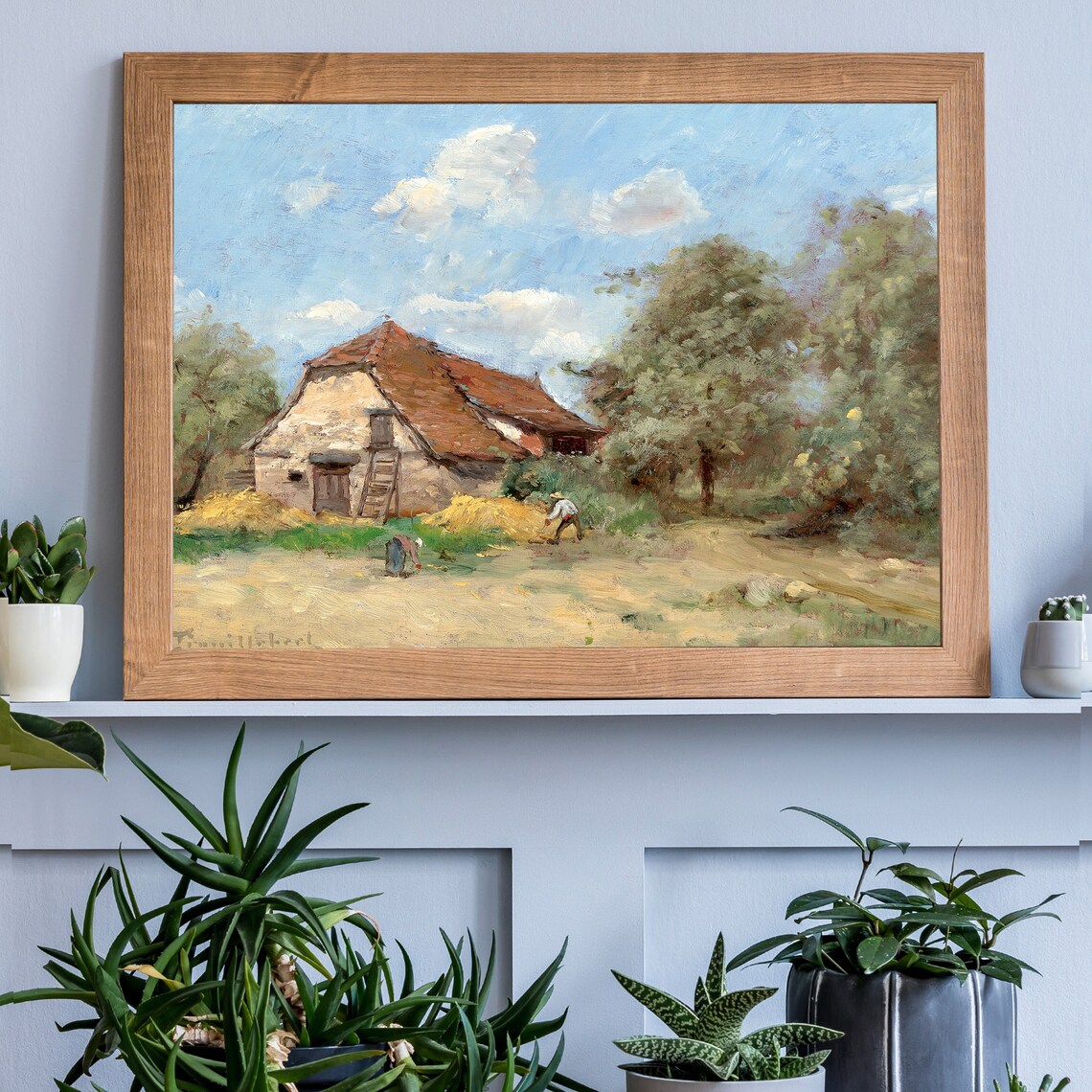 Vintage Oil Painting Stone Farmhouse Hay Harvest Blue Sky Art Poster - Image 2