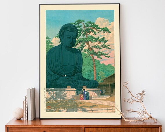 Kawase Hasui Great Buddha Kamakura Bronze Statue Pine Vintage Woodblock Poster
