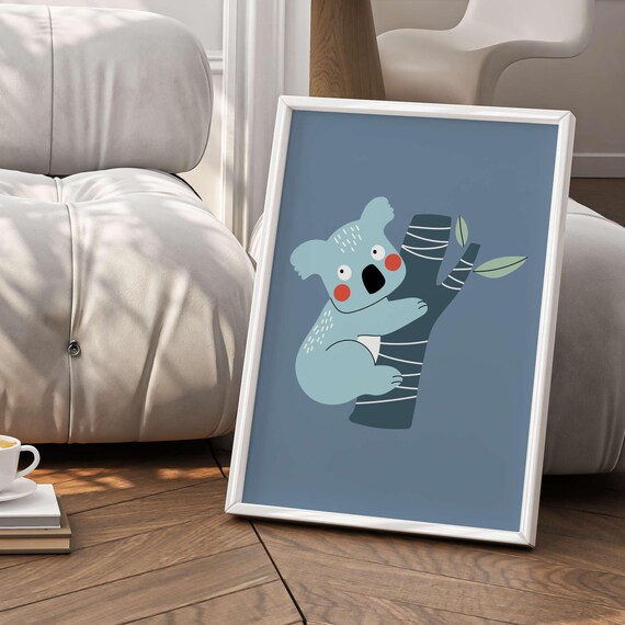 Cute Koala Climbing Tree Dusty Blue Nursery Kids Room Art Print
