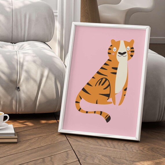 Cute Smiling Orange Tiger Cartoon Pink Background Kids Poster