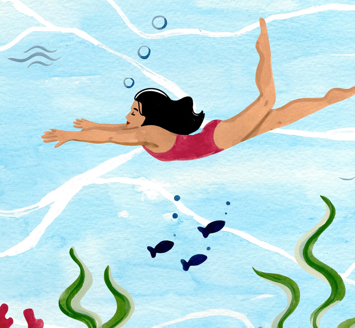 Woman Swimming Underwater Ocean Coral Watercolor Art Square Print - Image 2