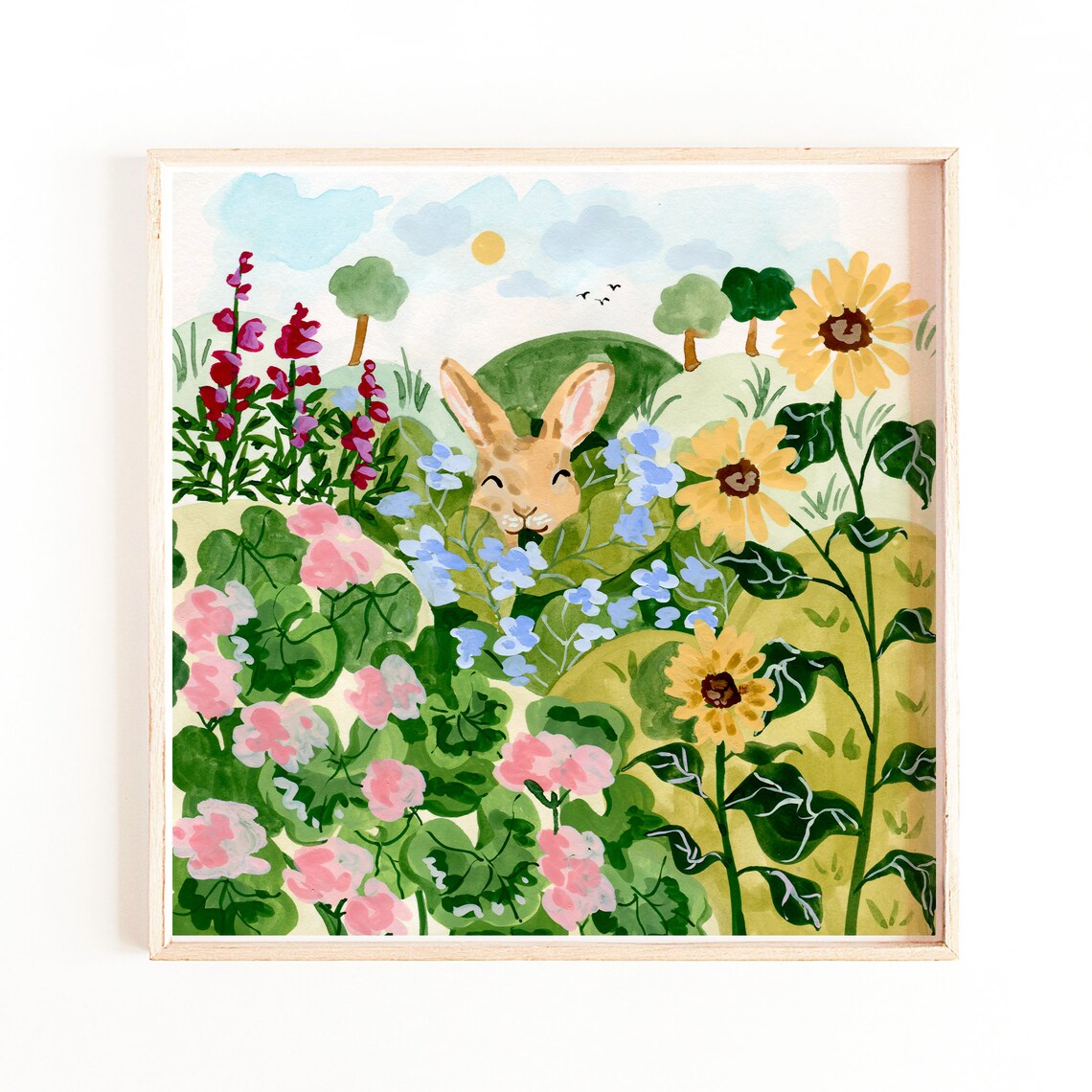 Bunny Flower Field Art Print, Modern Farmhouse