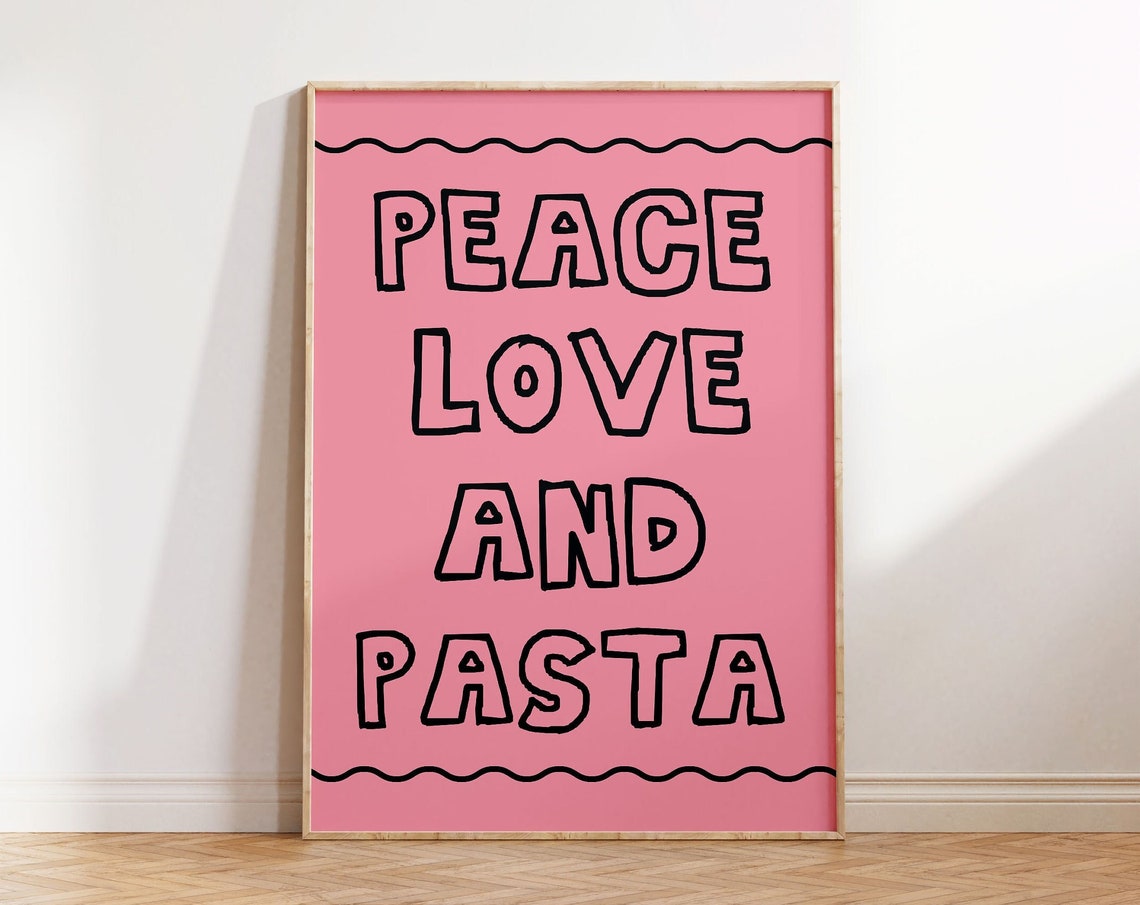 Peace Love And Pasta Hand Drawn Lettering Pink Kitchen Wall Poster - Image 5