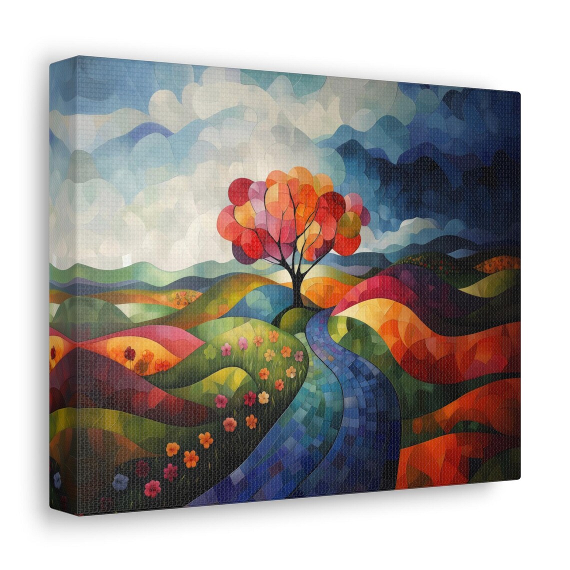Colorful Geometric Mosaic Tree Over Rolling Hills And Blue River Wall Art - Image 3