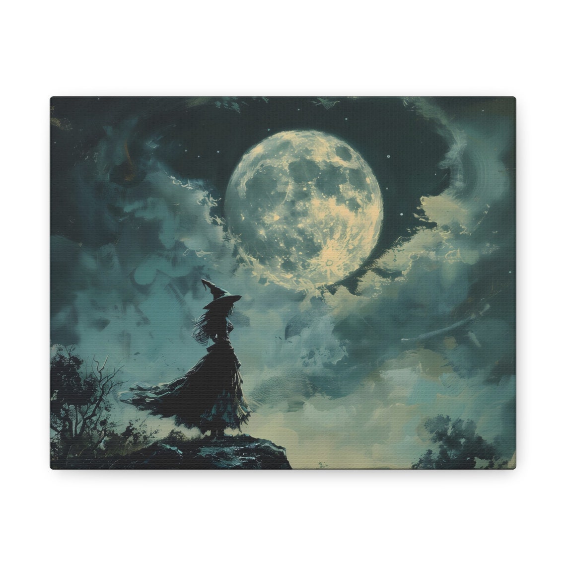 Lone Witch Silhouette on Dark Hill Under Giant Full Moon Poster - Image 2