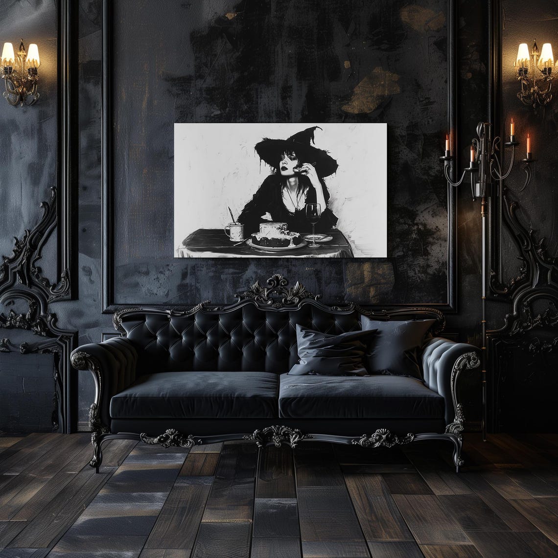 Black and White Witch with Cake Gothic Sketch Spooky Wall Poster