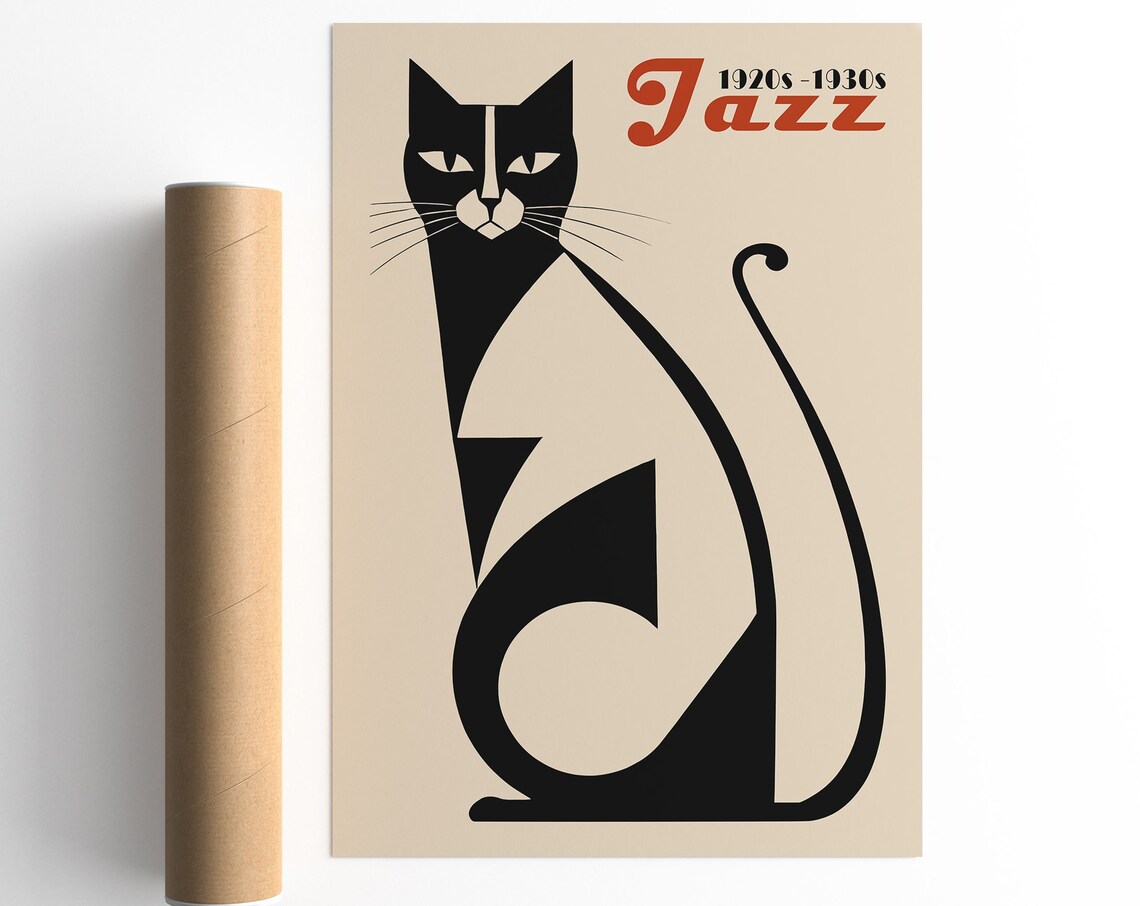 1920s 1930s Jazz Black Cat Art Deco Sleek Feline Retro Music Poster
