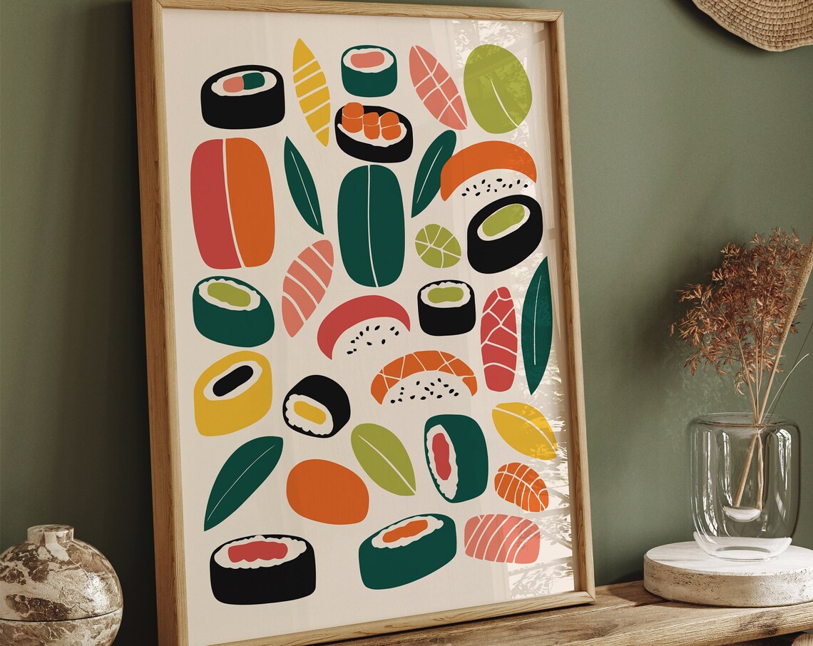 Colorful Japanese Sushi Rolls Kitchen Food Illustration Poster