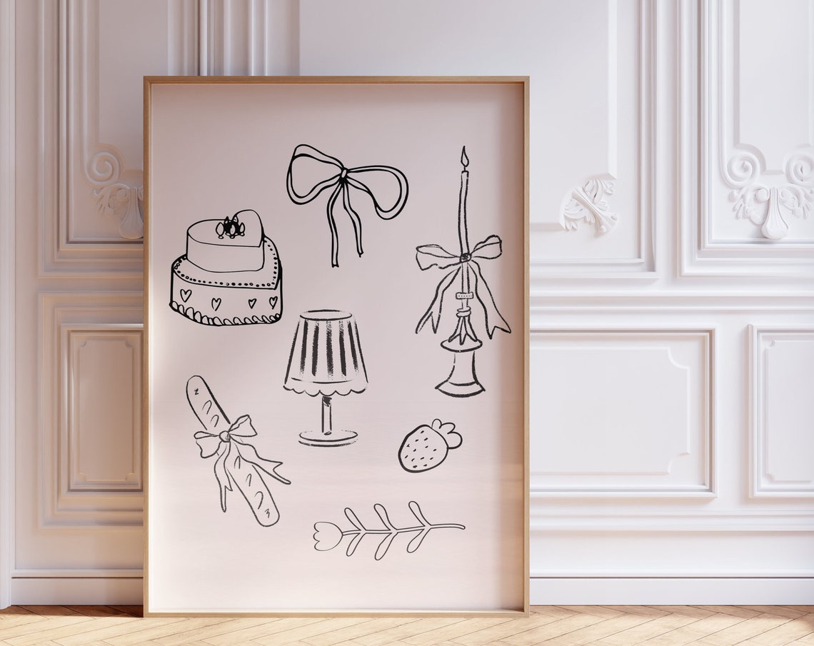 Whimsical Black Line Art Doodle Collage Cute Kitchen Art Poster