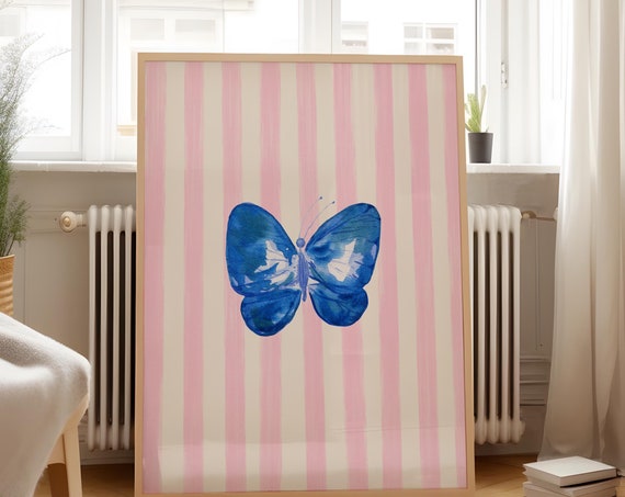 Pink Striped Blue Butterfly Art Print Print Wall Art Trendy Decor Abstract Vintage Painting English Garden Floral Cottage