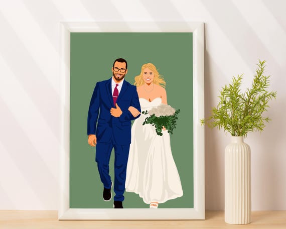 Custom Wedding Portrait Illustration Navy Suit Groom Bride Gift Poster