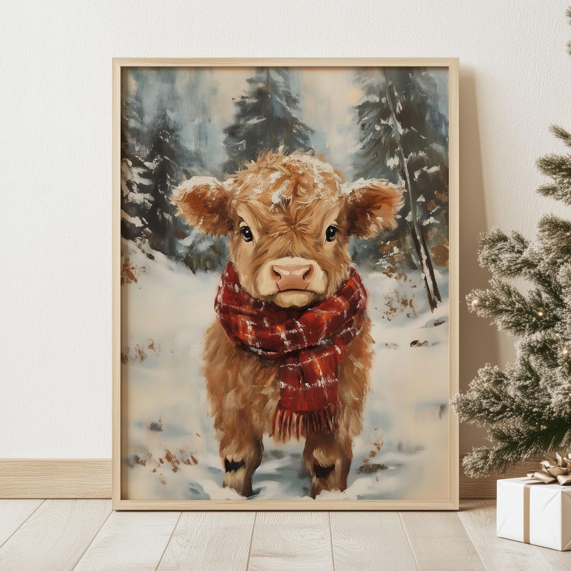 Cute Highland Cow Christmas Print Winter Wonderland Animal Artwork Muted Holiday Season Gallery Art Vintage Snowy Landscape Oil Painting - Image 2