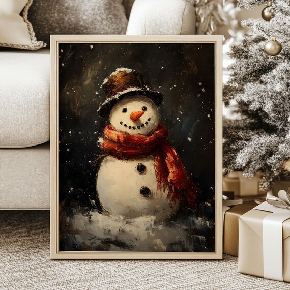 Moody Snowman Christmas Print Rustic Winter Fantasy Gallery Artwork Holiday Season Home Decor Vintage Cottagecore Whimsy Poster