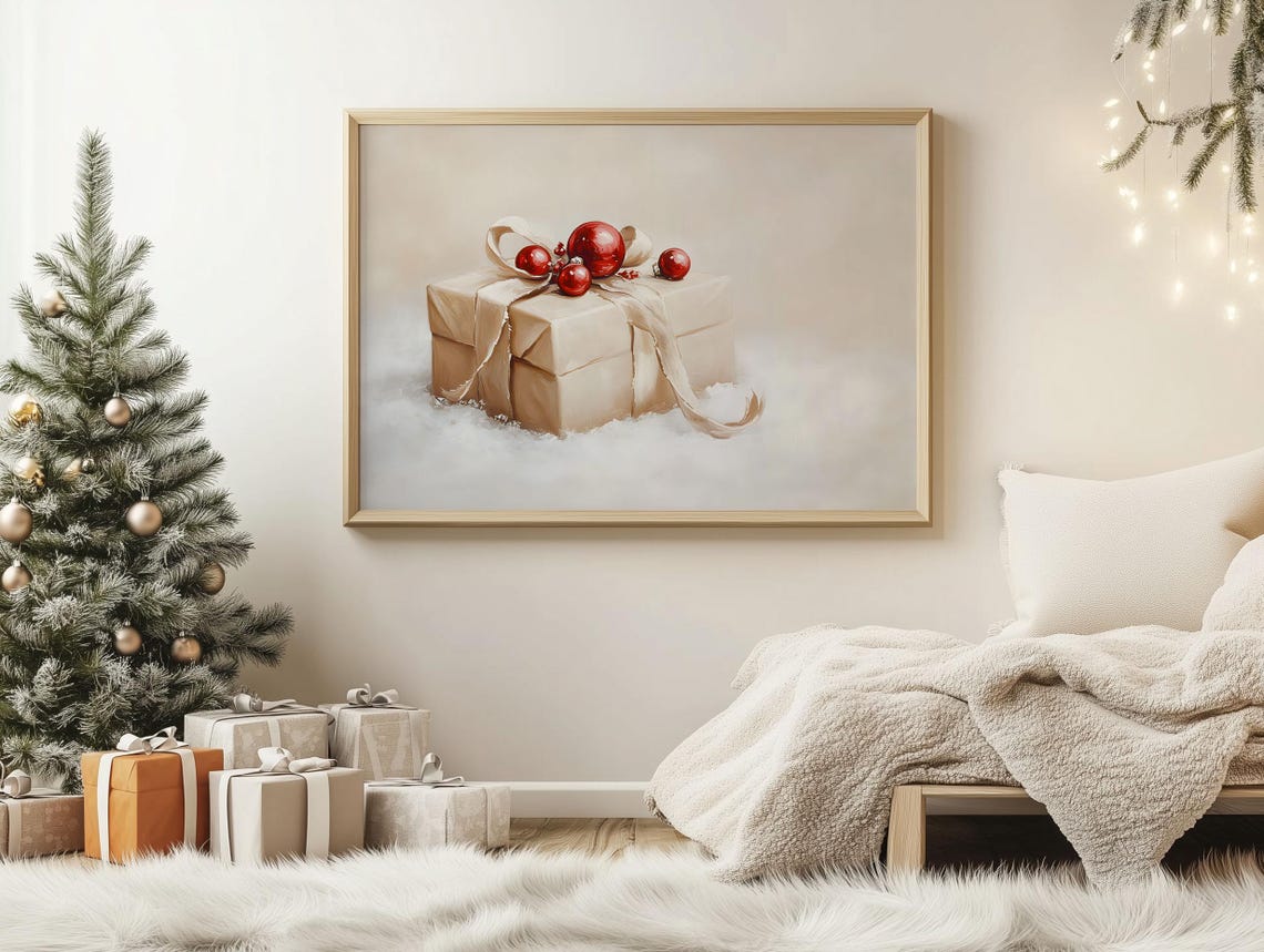Kraft Gift Box with Red Baubles in Snow Christmas Art Poster - Image 2